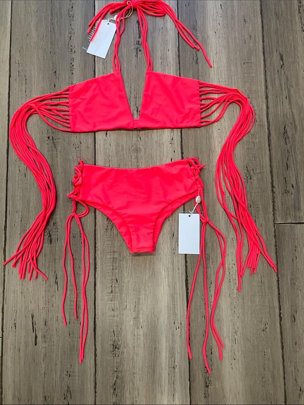 Mikoh Swim Neon Pink Macrame Long Ties Fringe Bikini Set S